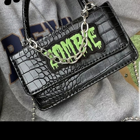 Y2K Punk Zombie Black Crocodile Print Patient Leather Sholder Bag! New! - Picture 4 of 13